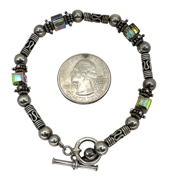 Sterling Silver With Crystal Cube Beads Toggle Clasp Bracelet - Picture 4 of 8